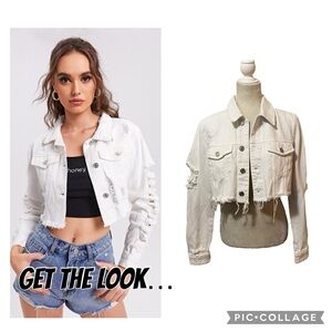 Zara White Jacket Cropped Distressed Frayed Hem Denim Button Front Size Small